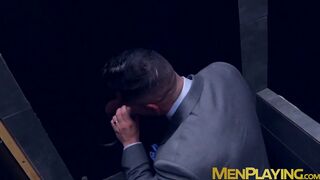 Classy hunk sucks gloryhole cock before threeway drilling