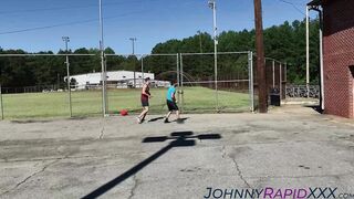 Playful jocks hide for a quick blowjob and anal drilling