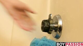 Young dick lover having solo fun under a hot shower