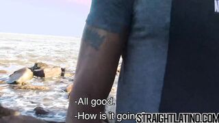 Young black jock sucks and tastes cum in threesome outdoor