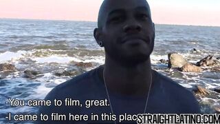 Young black jock sucks and tastes cum in threesome outdoor
