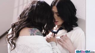 Tattooed waitress strapon fucked by milf