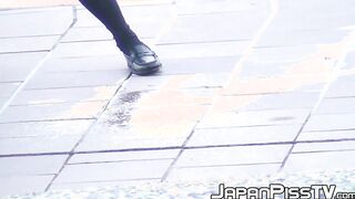 Three Japanese schoolgirls pissing hard together in public