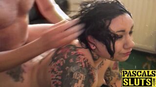 Inked submissive BBW hammered and dominated over