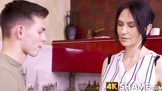Horny mature brunette Angela rides big cock reverse cowgirl