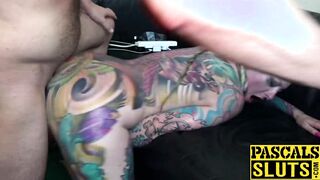 Busty inked babe dominated and fed with big dick