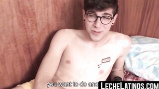 A Latino jock with tattoos sports seductive glasses while playing hot BJ