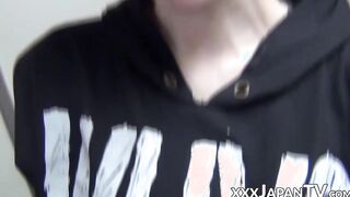Skinny Japanese babe rides and sucks a small dildo in POV