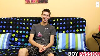 Young skinny gay dude having fun with his throbbing penis