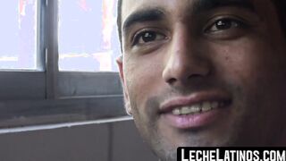 Unmarried Latino straight man soliciting money while baring his back