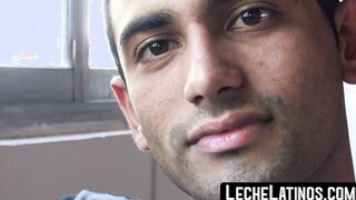 Unmarried Latino straight man soliciting money while baring his back