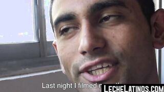 Unmarried Latino straight man soliciting money while baring his back