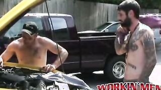 Hairy studs fix a car and end up rawfucking deep and hard