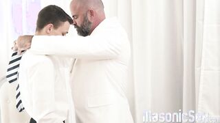 Slim twink Austin Young blows dick and barebacked hard by DILF Bishop Angus