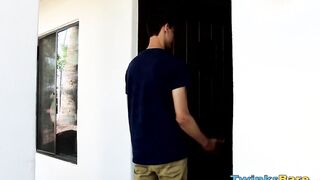 Cute twink deepthroats his friend and takes it bareback fuck