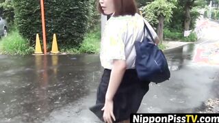 Japanese student absorbs her underwear at a stormy day