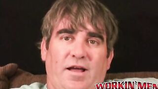 Older stud jerks himself off to orgasm after an interview
