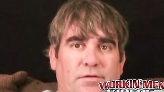 Older stud jerks himself off to orgasm after an interview
