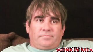 Older stud jerks himself off to orgasm after an interview