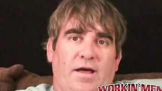 Older stud jerks himself off to orgasm after an interview