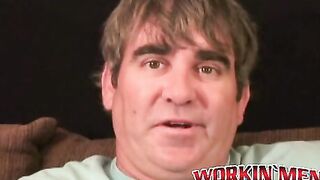 Older stud jerks himself off to orgasm after an interview