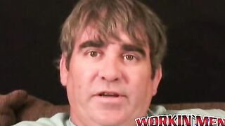 Older stud jerks himself off to orgasm after an interview