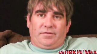 Older stud jerks himself off to orgasm after an interview