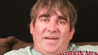 Older stud jerks himself off to orgasm after an interview