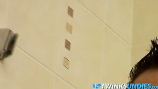 Twink Cristian cums in undies after jerking and showering