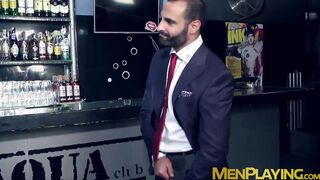 Bar gimp agrees to fuck this sexy classy dude after hours