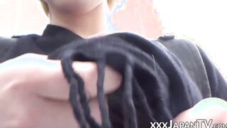 Japanese teeny shows hairy pussy while blowing cock