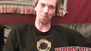 Hairy amateur jerks off and cums naked after an interview