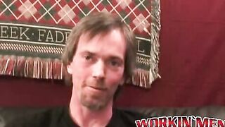 Hairy amateur jerks off and cums naked after an interview
