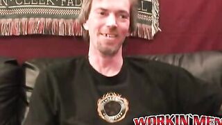 Hairy amateur jerks off and cums naked after an interview