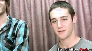 Straight guys jerking off and receiving blowjobs from chick