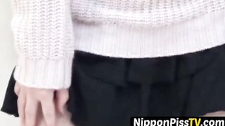 Underhanded Japanese darling peeing through red underwear