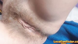 Redhead hairy girl playing home alone, Dildo playing