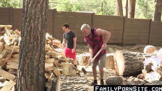 In an heated threesome the lumberjack stepdad fucks a family friend
