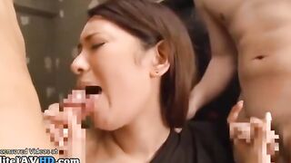 Japanese tall model in tights has sex with two short guys More at Elitejavhd.com