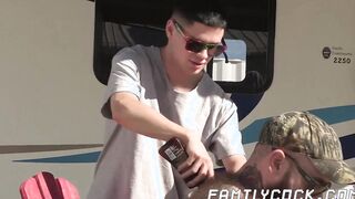 Backyard raw doggy style fucking between stepdad and his son