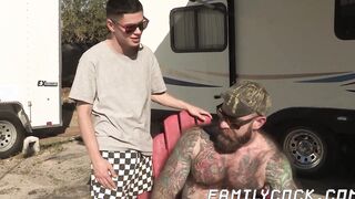 Backyard raw doggy style fucking between stepdad and his son