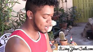 Youthful black person flaunts his balls and jerks off performance