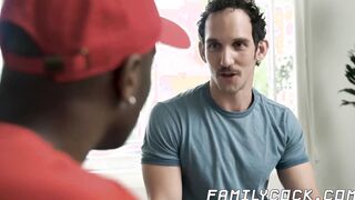 Interracial threesome with BBC guy and stepdad stepson combo