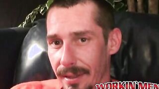 Rough stud smokes during an interview and masturbates solo