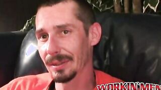 Rough stud smokes during an interview and masturbates solo