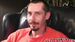 Rough stud smokes during an interview and masturbates solo