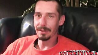Rough stud smokes during an interview and masturbates solo
