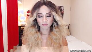 Blonde shemale jerks big cock on solo webcam show