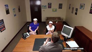 Sexy golf chicks riding principals dick at the office