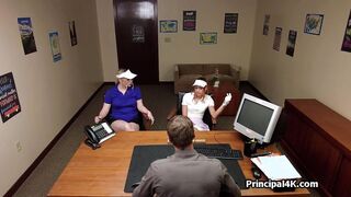 Sexy golf chicks riding principals dick at the office